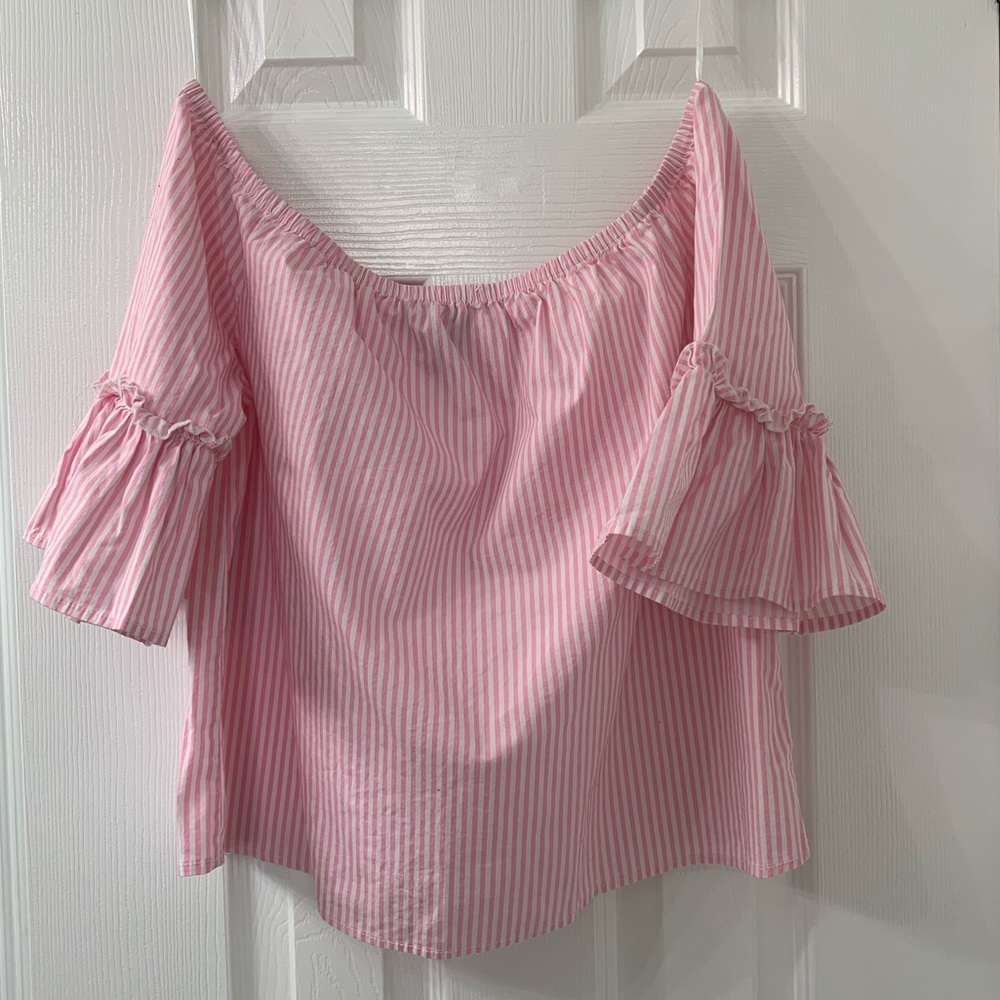 Pink & White Off Shoulder Frill Top